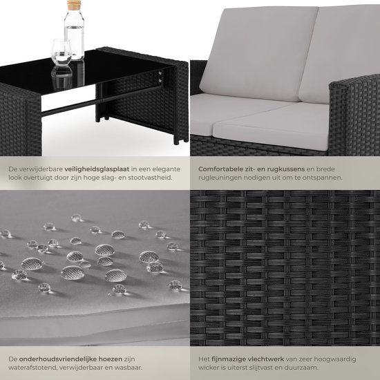 tectake® Wicker Tuinset voor 4 Personen - 2-zits Tuinbank en 2 Tuinstoelen - Tafel met Afneembaar Glazen Blad - Comfortabele Zit- en Rugkussens - Loungeset voor Tuin, Terras, Balkon - Zwart