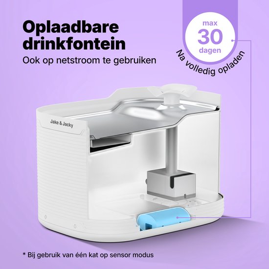 Jake & Jacky Drinkfontein RVS Draadloos Kat en Hond - Met Sensor en Accu - Waterfontein Kat - Kattenfontein - Waterbak - Fluisterstil - Incl. Filter - 2,5L - Wit