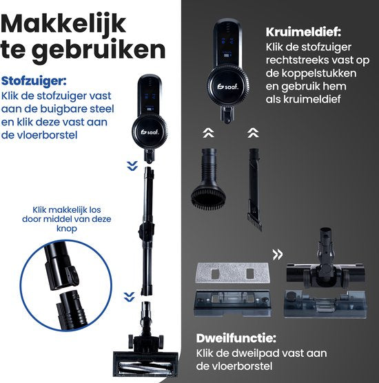 Saaf G90M Steelstofzuiger met Dweilfunctie - 8-delige set met Buigbare Steel - 26.5Kpa - Stofzuiger zonder Zak - 200W - Draadloos - Zwart