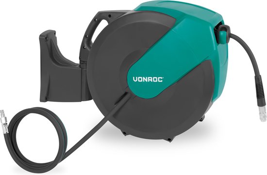 VONROC PRO Automatische luchtslanghaspel – Luchthaspel – Incl. 30 meter luchtslang, 2 meter aanvoerslang en wandmontageset – 17 bar/250 PSI - Universele EURO/DIN 7.2mm koppeling