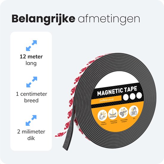 Zelfklevende magneetstrip - 12m - 1cm breed - Magneetstrip - Gereedschap - Messen - Magneten - Magneetband - Magnetische - Whiteboard - Tape zwart