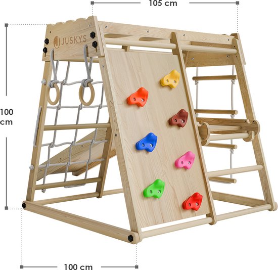 Juskys – Indoor Klimrek Voor Kinderen – 102 x 98 x 100 cm & Met Glijbaan En Klimwand – Voorzien Van Turnringen En Touwladder – Inklapbaar En Vrijstaand – Naturel En Bont Hout