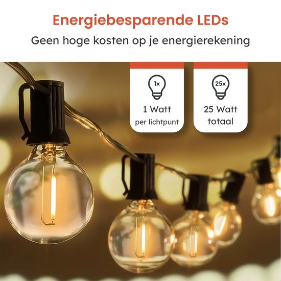 Partizzle 15m Waterdicht Lichtsnoer Rond - 25 LED Lampjes Slinger - Kerst Lichtslinger voor Buiten Terras en Camping - Kerstverlichting / Tuinverlichting - 2700k / Warm Wit