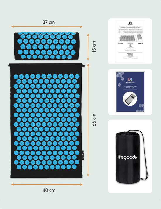 LifeGoods Acupressuur Mat met Kussen - Shakti mat - Spijkermat Incl. 2x Triggerpoint Bal - 66x40x2cm - Zwart/Turquoise