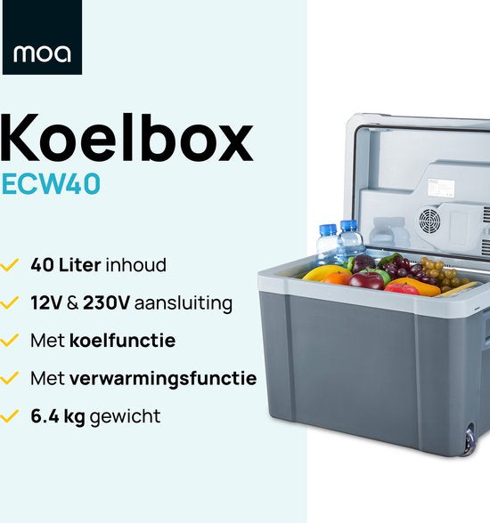 MOA Koelbox Elektrisch 12v 230 volt - Coolbox 40L - Frigobox - Auto en Camping - Grijs