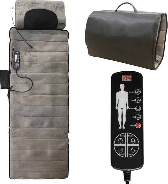 BREND Elektrische Massagemat & Kussen – Massagematras met Warmte - 5 Vibratiestanden & 3 Intensiteiten – 170X55 CM – Grijs - BR-2230