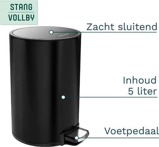 StangVollby Kallax Prullenbak 5 Liter - Zwarte Badkamer Pedaalemmer - Kleine Prullenbak met Soft Close Deksel - Toilet Vuilnisbak - Afvalemmer Klein - Vuilbak