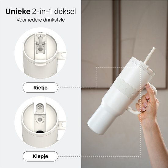 ONYX Drinkfles met Rietje 1 Liter - Waterfles voor Kinderen & Volwassenen - Thermosbeker RVS Travel Mug - Motiverende Drinkbus - Drinkbeker voor School - Coco White