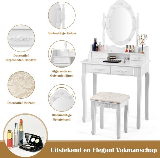 Coast Klassieke Kaptafel met Krukje - LED Lampen - Make up Tafel - 75 x 40 x 146cm - Wit