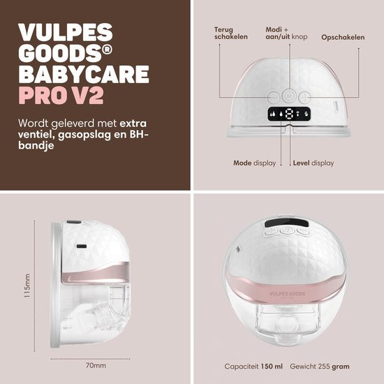 Vulpes Goods® BabyCare - Elektrische Draadloze Borstkolf PRO V2 – Handsfree – Draagbaar – APP Bedienbaar – BPA-Vrij – Inclusief Borstschildverkleiners, Bewaarzakjes & Reistas – 2 Stuks