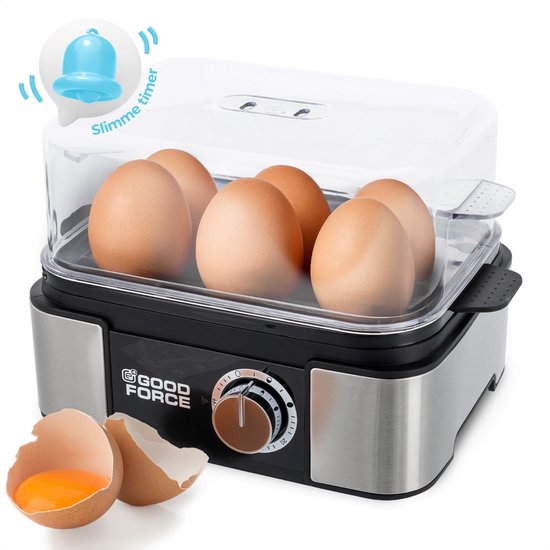 GoodForce Automatische Eierkoker - Met Timer - Met Alarm - 6 Eieren - Elektrisch - Incl. Maatbeker - Incl. eiprikker - RVS - Vaatwasserbestendig