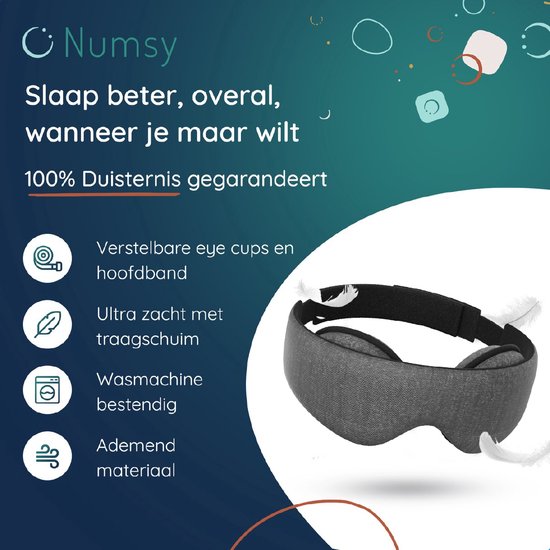 Numsy Slaapmasker Vrouwen en Mannen - Oogmasker Slaap - 100% Verduisterend - Donkergrijs