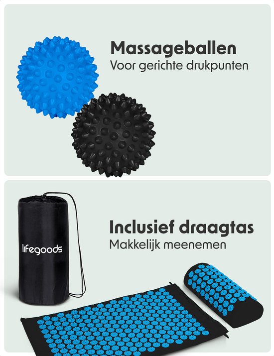 LifeGoods Acupressuur Mat met Kussen - Shakti mat - Spijkermat Incl. 2x Triggerpoint Bal - 66x40x2cm - Zwart/Turquoise