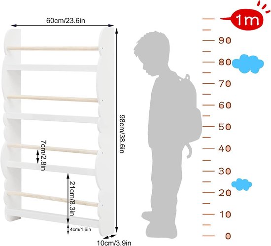 Woltu Kinder Wandboekenrek 98x60x14,5 cm Groen of Wit met Eikenlook – Montessori Opbergrek voor Kinderkamer