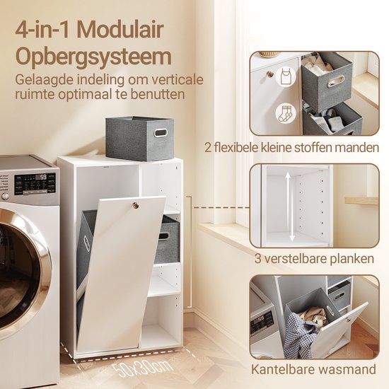 SoBuy Badkamermeubel met wasmand, Opbergkast met 2 stoffen manden, ruimtebesparend, vuile was, Wit, voor wasruimte BZR218-W