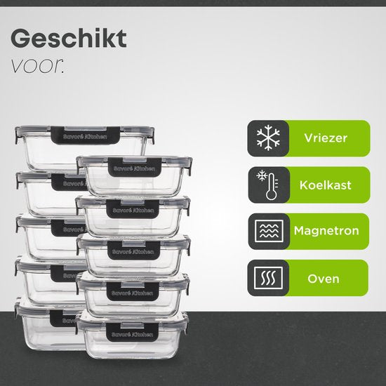 Savoré Kitchen Vershoudbakjes Set - met Stoom Deksel - Meal Prep Bakjes - Diepvriesbakjes Glas - Luchtdicht - 10 Stuks - 1040 & 380 ML