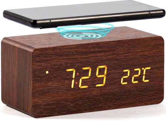 Gadgy Digitale Wekker met Draadloze Oplader - Houten Wekker met Eco Stand - Alarmklok met Temperatuur Datum en Tijd - Cadeau voor Vrouw en Man