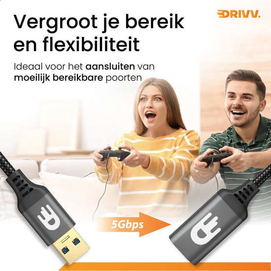 Drivv. Premium USB Verlengkabel 3.0 - Mannelijk naar Vrouwelijk - USB Datakabel - Snelle Overdracht - 5Gbps - Nylon - 1 Meter - Zwart
