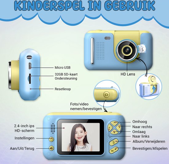 K&L Digitale Kindercamera Kids - Kinder vlog camera - Kindercamera's Digitaal - Fototoestel Kinderen - Kinderfototoestel - Blauw