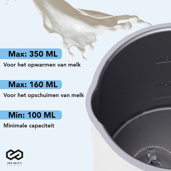 Infinity Goods 4-in-1 Elektrische Melkopschuimer - 350 ml - Opschuimen en verwarmen - Cappuccino - Vaatwasserbestendig - Wit