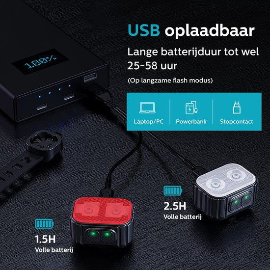 Inlustro Fietslamp Set - Voorlicht / Achterlicht - LED Fietslampjes Rood en Wit - Fietslicht Koplamp - Waterdicht - USB Oplaadbaar