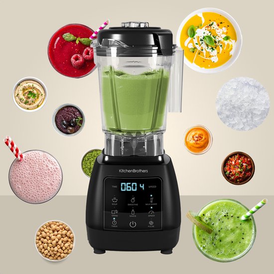 KitchenBrothers 2-in-1 Power Blender - 1600W - 2L - Complete Set met Hakmolen en To-go Beker - Smoothie Maker - IJscrusher - Zwart