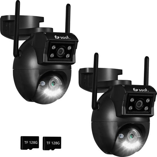 Beveiligingscamera Buiten - 2 Stuks - Wifi en 256GB - Buiten Camera met Nachtzicht - Dubbele Lens - Zwart - van Saaf