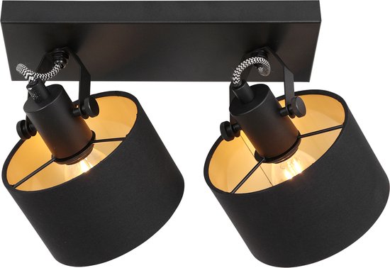 2 Lichts Spot Ornoir 3334ZW Zwart met Goudkleurige Lampenkapjes, Draaibaar en Kantelbaar, Metaal en Textiel, Modern, Mexlite, Binnen