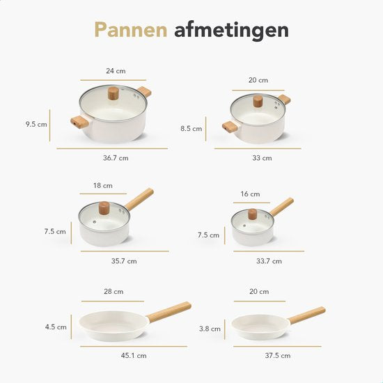 Rochester 18-delige Pannenset met Deksels - Set met PFAS-vrije Kookpotten, Koekenpannen & Steelpannen - Koekenpannenset - Kookpottenset - Inductie - Aluminium - Beige
