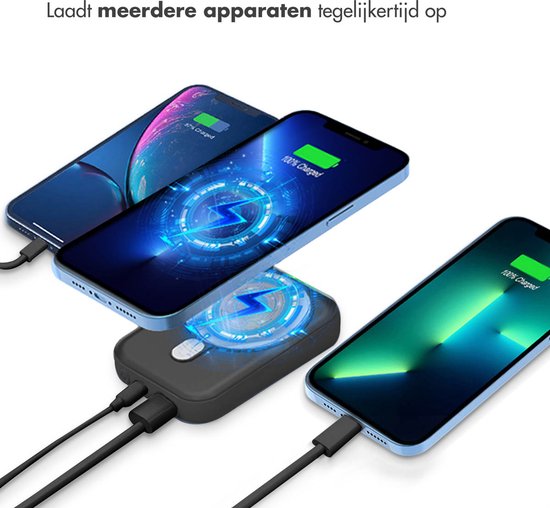 imoshion Powerbank 10000 mAh - Geschikt voor MagSafe - Snellader 22.5W - LED indicator - USB C & USB A - Draadloze Powerbank Geschikt voor iPhone 12/13/14/15/16 - Zwart