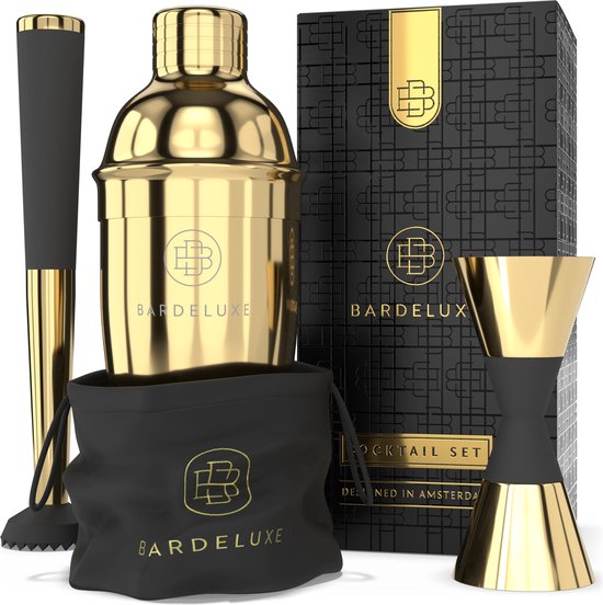 BarDeluxe® Cocktail Set - 3-Delig 750 ml Cocktailshaker met Jigger & Stamper - Inclusief Nederlandstalig Receptenboek - Luxe Cadeau - Goud