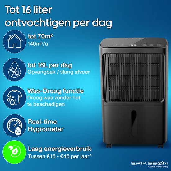 Erikssøn Luchtontvochtiger Dry Pro Plus - Ontvochtigt Tot 16 Liter Per Dag - Was-droog Functie - Geschikt Voor Huis, Slaapkamer , Badkamer , Woonkamer En Kelder - Dehumidifier - Zwart