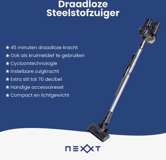 Nexxt Draadloze Steelstofzuiger met Cycloontechnologie – Lichtgewicht Stofzuiger met Kruimeldief zonder Zak – HEPA 13 Filter – Complete Set – Zwart