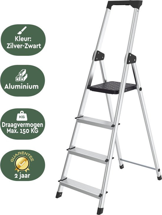 BRASQ Huishoudtrap 4 -treden Zilver - keukentrap inklapbaar aluminium voor Particulier en professioneel gebruik - Trap Ladder - Anti slip