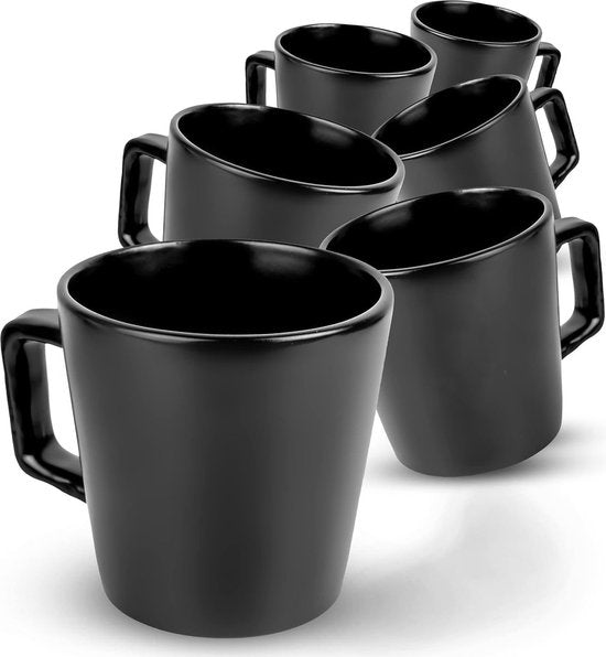 Deleca Koffiekopjes Set van 6 - Koffiemokken met Oor - Koffie Kopjes / Mok - Massief Aardewerk - Mat Zwart / 360 ml