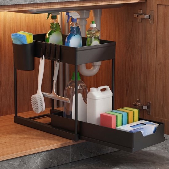 Posity Gootsteenkast Organizer - Keukenkastje Organizer - Schuiflade - Kast Organizer - Badkamer Organizer - Aanrecht Organiser - 1 Uitschuifbare Lade - Zwart