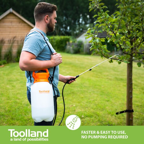 Toolland Drukspuit, elektrisch, herlaadbare batterij, telescopische lans, regelbare sproeikop, schouderriem, 8 liter, wit/oranje/zwart
