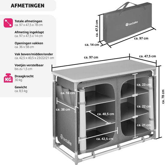 tectake® - Campingkast 97x47,5x78cm - Opvouwbaar - Afsluitbare compartimenten - Stevige werkbladen - Handige insteekzakken aan zijkant - grijs