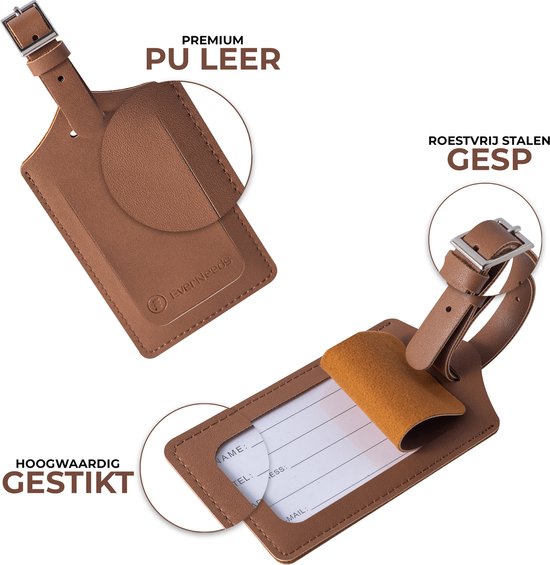 EverNeeds Bagagelabel - PU Leer - Bruin - 2 Stuks - 7.5x11.5 cm