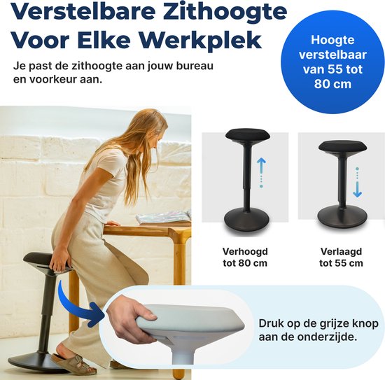 Backerz Wiebelkruk - Ergonomische Wiebel Stoel hoogte 55-80cm - Balanskruk - Zit Sta kruk - Zadelkruk Wit
