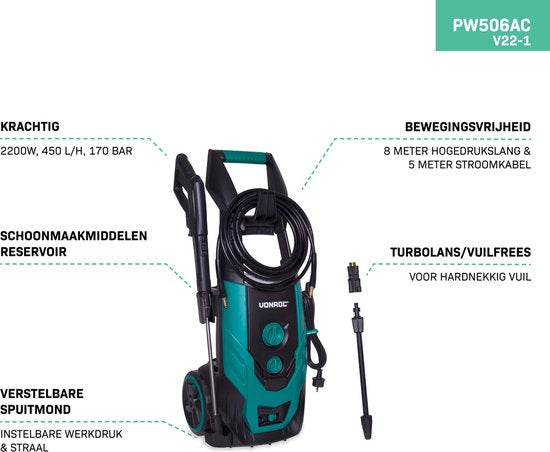 VONROC Hogedrukreiniger V22-1 2200W – 170 bar – 450 l/h – Incl. 8m slang, reinigingsmiddelen tank, spuitstukken en accessoires