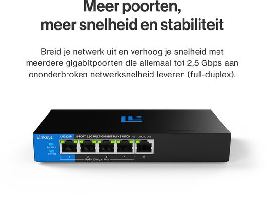 Linksys LN2305P 5-Poorts 2.5 Gb Unmanaged PoE+ Switch - Zwart - Compact