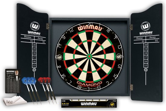 WINMAU - Professionele Dart Set met Diamond Plus Bristle Dartbord, Zwarte Kast, met 2 sets darts en officiële oche-lijn