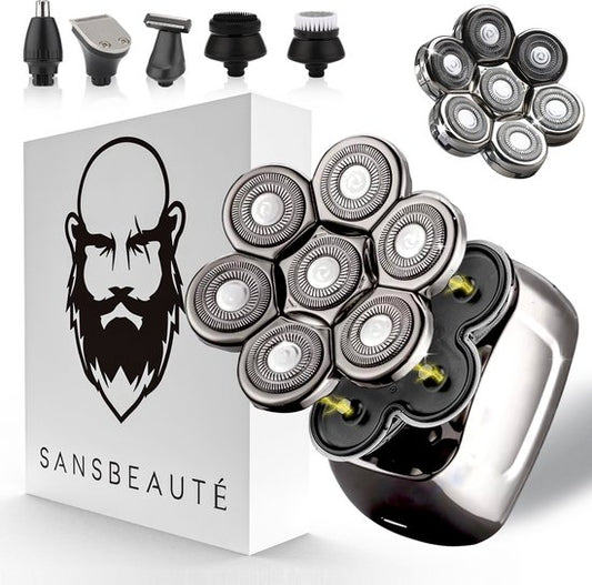 6-in-1 Scheerapparaat Mannen + Extra Scheerkop – Trimmer - Sansbeauté® SkullSharp PRO Magnetic - Skull Shaver - Nat & Droog - Face en Head Shaver – Hoofd Kaal Scheren - USB Opladen - Opzetstukken