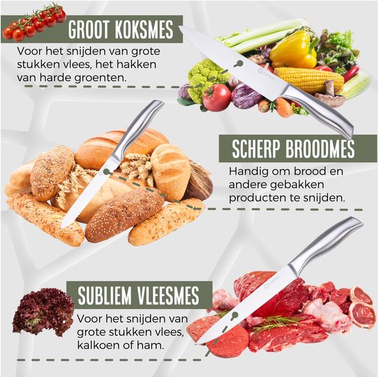 COOCK - Messenset met Blok en Vouwbare Snijplank - Keukenmessen met Schaar en Aanzetstaal (Messenslijper) - 17-Delige Keukengerei set in Messenblok – Met Krasbestendige Coating - Full RVS