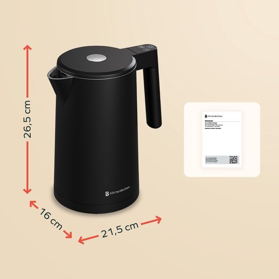 KitchenBrothers Waterkoker - 1.7L - Met Temperatuurregeling - Elektrisch - Warmhoudfunctie - Display - Dubbelwandig - Cool-touch - 2200W - Zwart