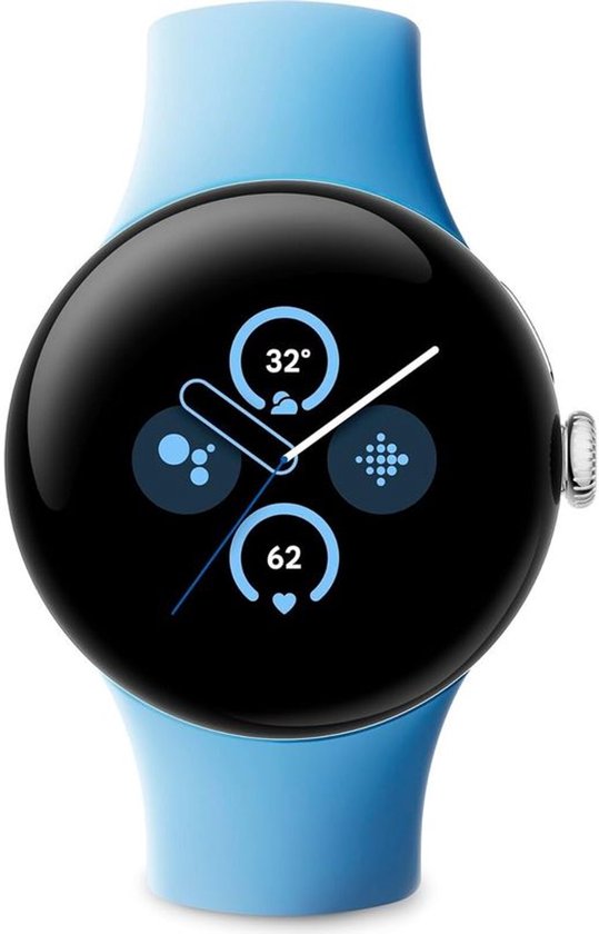 Google Pixel Watch 2 – Zilverkleurige kast – Blauw sportbandje – GPS – 5ATM – Fitbit functies – 24u batterij – AMOLED scherm