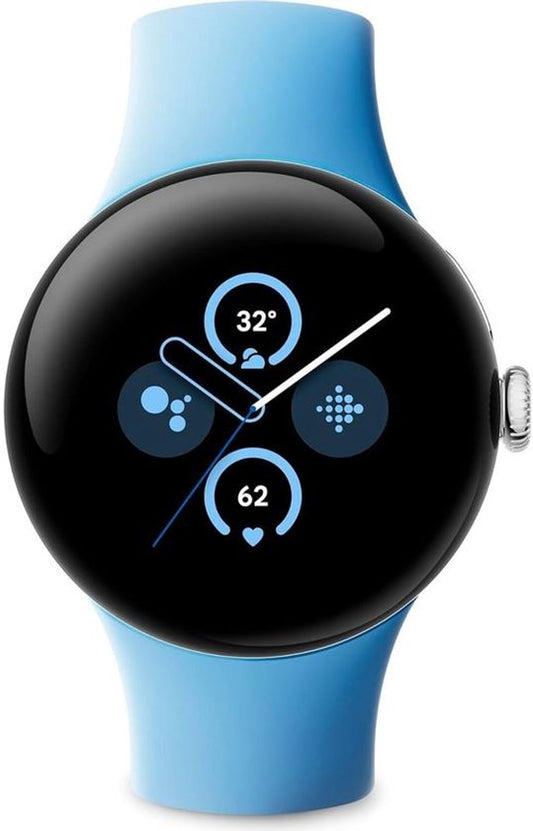 Google Pixel Watch 2 – Zilverkleurige kast – Blauw sportbandje – GPS – 5ATM – Fitbit functies – 24u batterij – AMOLED scherm