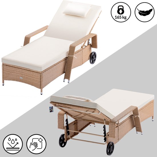 Luxe Polyrattan Ligstoel met Kussen – Verstelbaar – Weerbestendig – Crème – 162 x 64 x 86 cm – Draagvermogen 160 kg