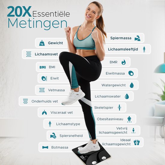 e.volve Weegschaal Personenweegschaal Digitaal - 20x - Zwart - Slimme Weegschaal met Lichaamsanalyse - Precisie Weegschaal - Incl. App